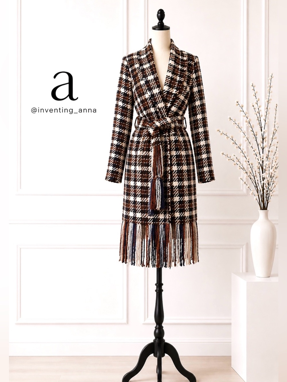 CAbi Plaid Wool Fringe Belted Coat Multicolor Size M